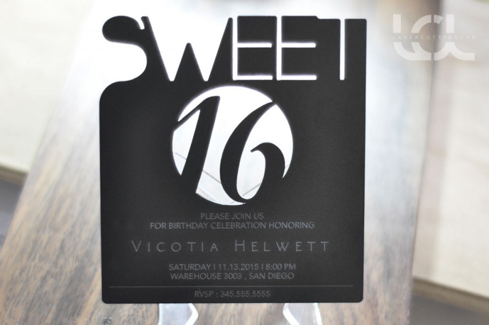 Laser Engraved Black Sweet Sixteen Invitation Laser Cutting Lab LLC